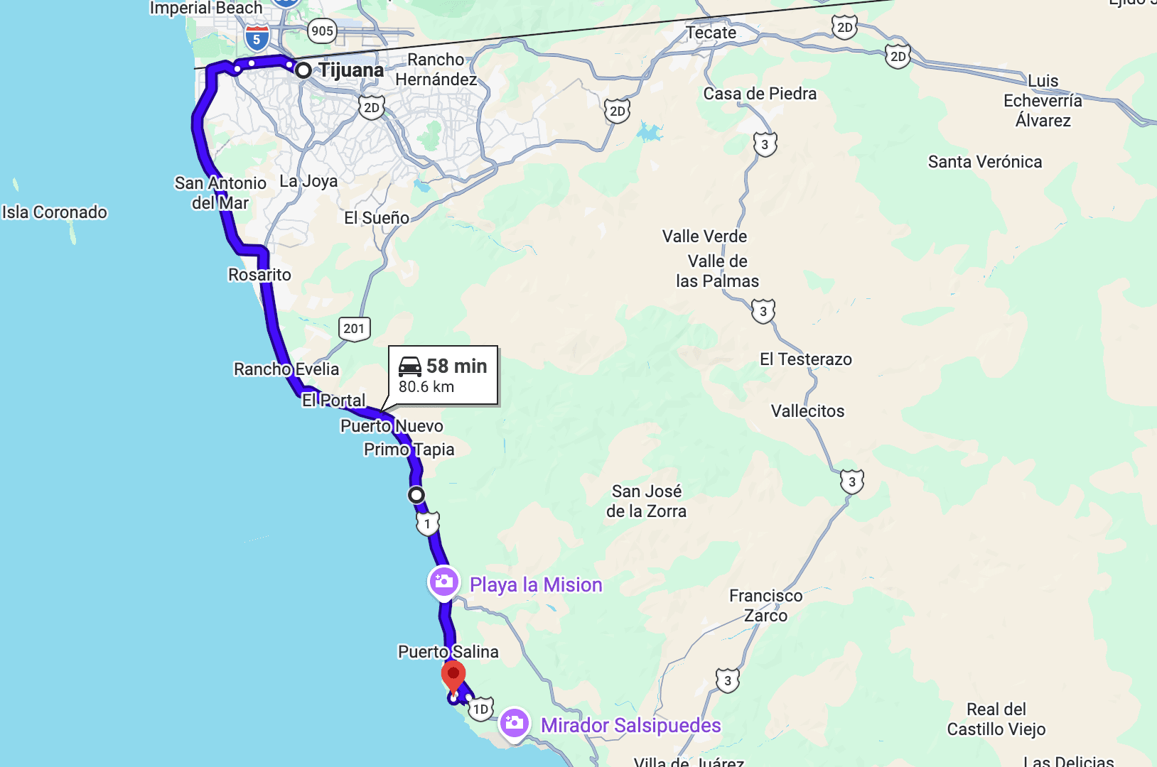 Route from Tijuana, BC to Ensenada