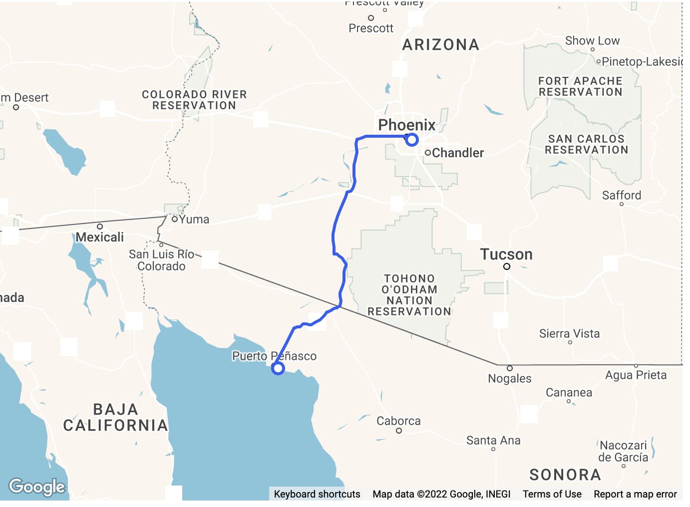 Route from Phoenix, AZ to Puerto Peñasco